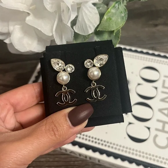 CHANEL Gold CC Faux Pearl Crystal Dangle Earrings